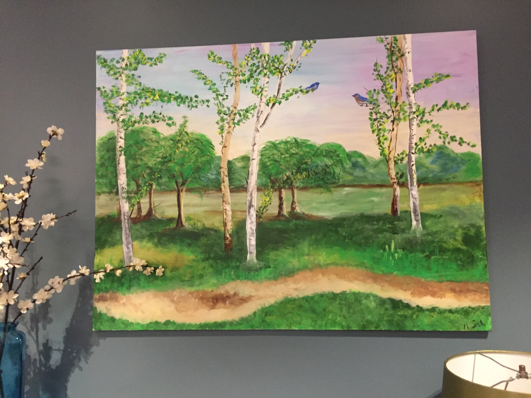 A sunlit birch meadow painting with two bluebirds